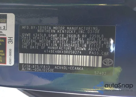 2009 Toyota Camry Le from USA, damaged, VIN 4T4BE46K49R058274